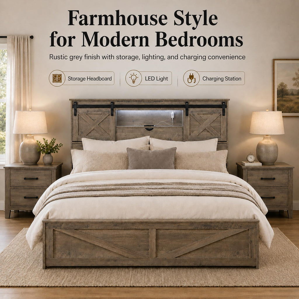 Farmhouse Bed Frame with Barn Door Headboard and Drawers, Grey