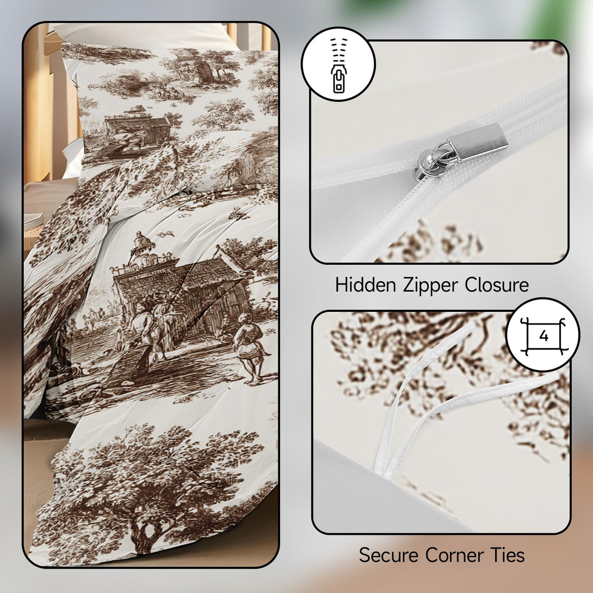 Blue Vintage Duvet Cover - Country Scene Duvet Cover Set 3Pcs - Toile Bedding Set - Brown Comforter Cover