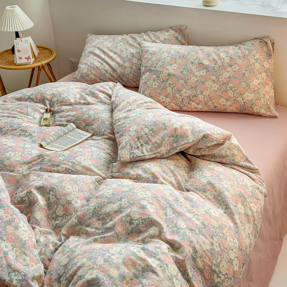 Floral Duvet Cover Queen Size Cotton Double Gauze Queen Comforter Cover Boho Cute Muslin Zipper Duvet Cover Set with