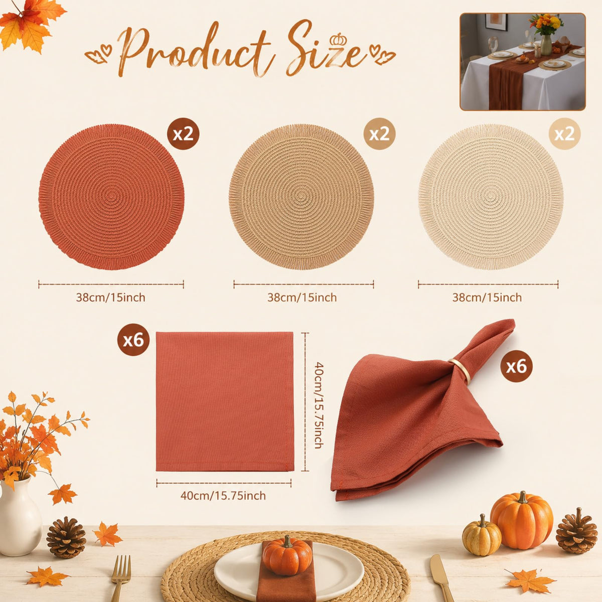 Fall Thanksgiving Table Placemats Decoration Set of 6 People