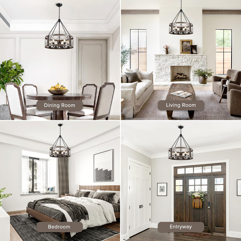 Farmhouse Drum Chandelier, 22" Rustic Black Chandelier with Wood Grain Finish, 6-Light Round Cage Hanging Chandelier