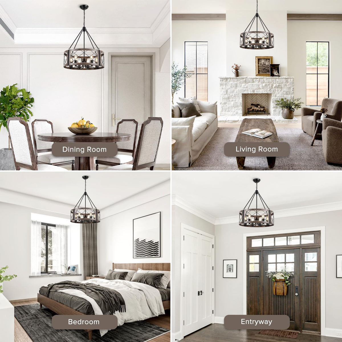 Farmhouse Drum Chandelier, 22" Rustic Black Chandelier with Wood Grain Finish, 6-Light Round Cage Hanging Chandelier