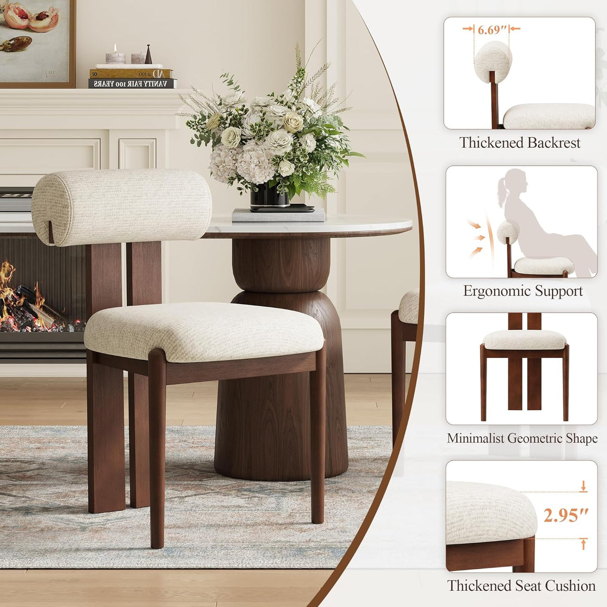 Modern Wooden Dining Chairs Set of 2, Upholstered Fabric Kitchen Chairs with Sculptural Backrest, Mid-Century