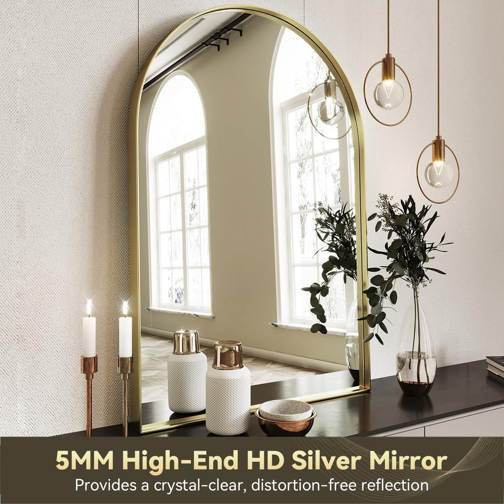 Arched Mirror, 24 x 36 Inch Gold Arch Mirror, Metal Frame Gold Arched Wall Mirror, Arched Top Bathroom Vanity Mirror