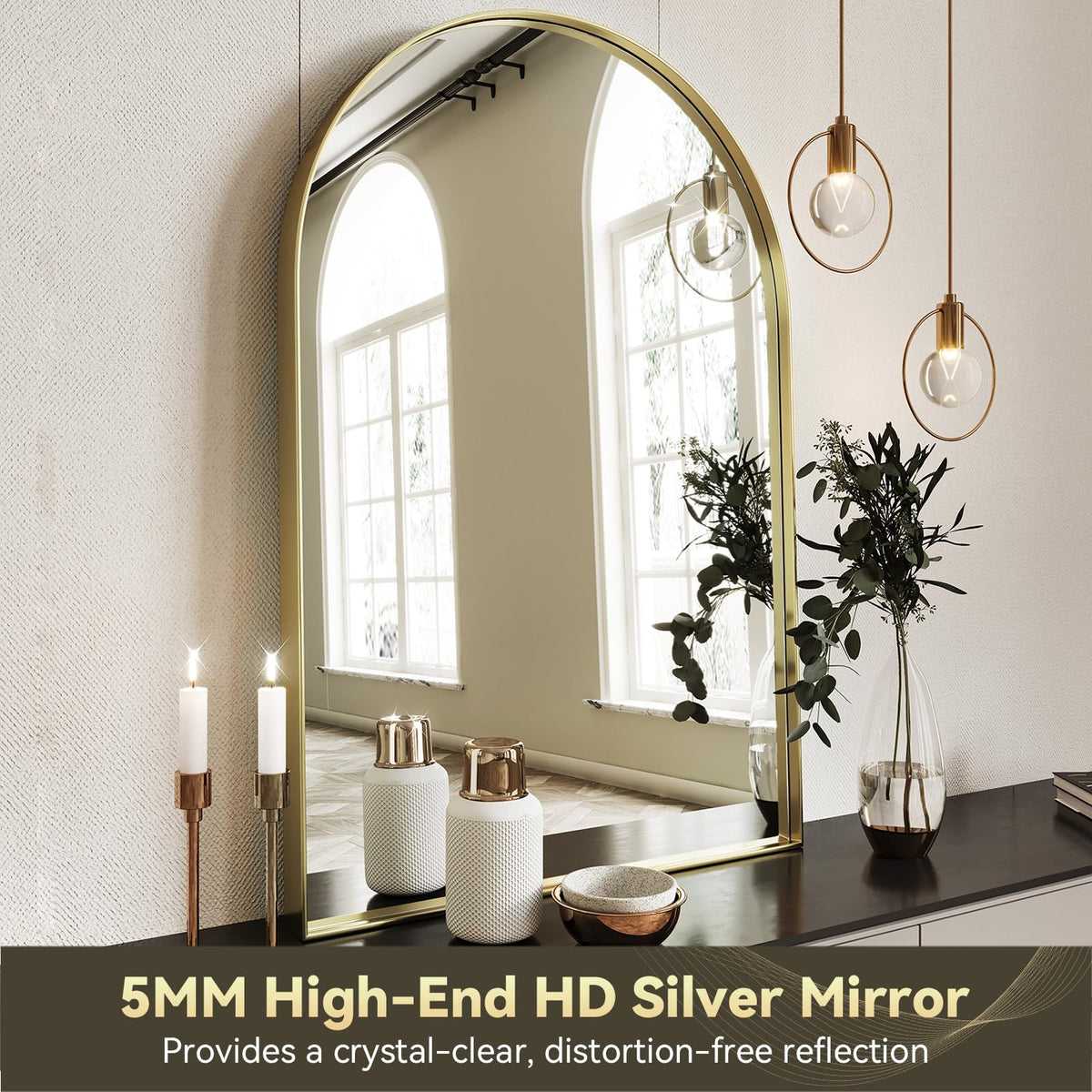 Arched Mirror, 24 x 36 Inch Gold Arch Mirror, Metal Frame Gold Arched Wall Mirror, Arched Top Bathroom Vanity Mirror