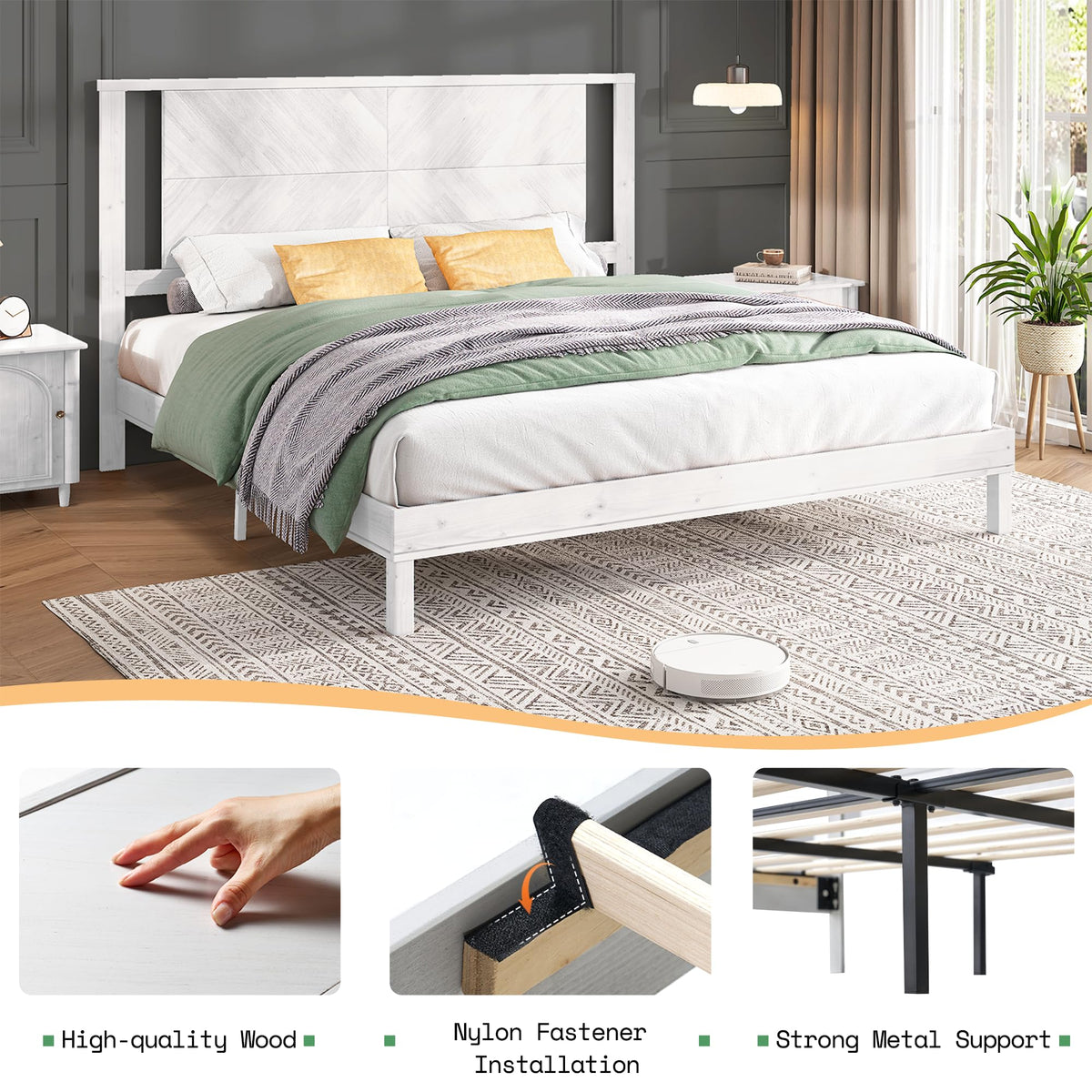 Modern Solid Wood Bed Frame with Headboard, Rustic White
