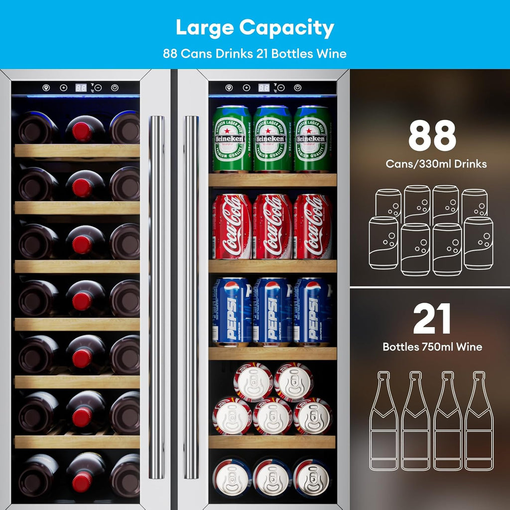 Wine and Beverage Refrigerator, 24 Inch Dual Zone Wine Cooler with Glass Door&Lock, Built