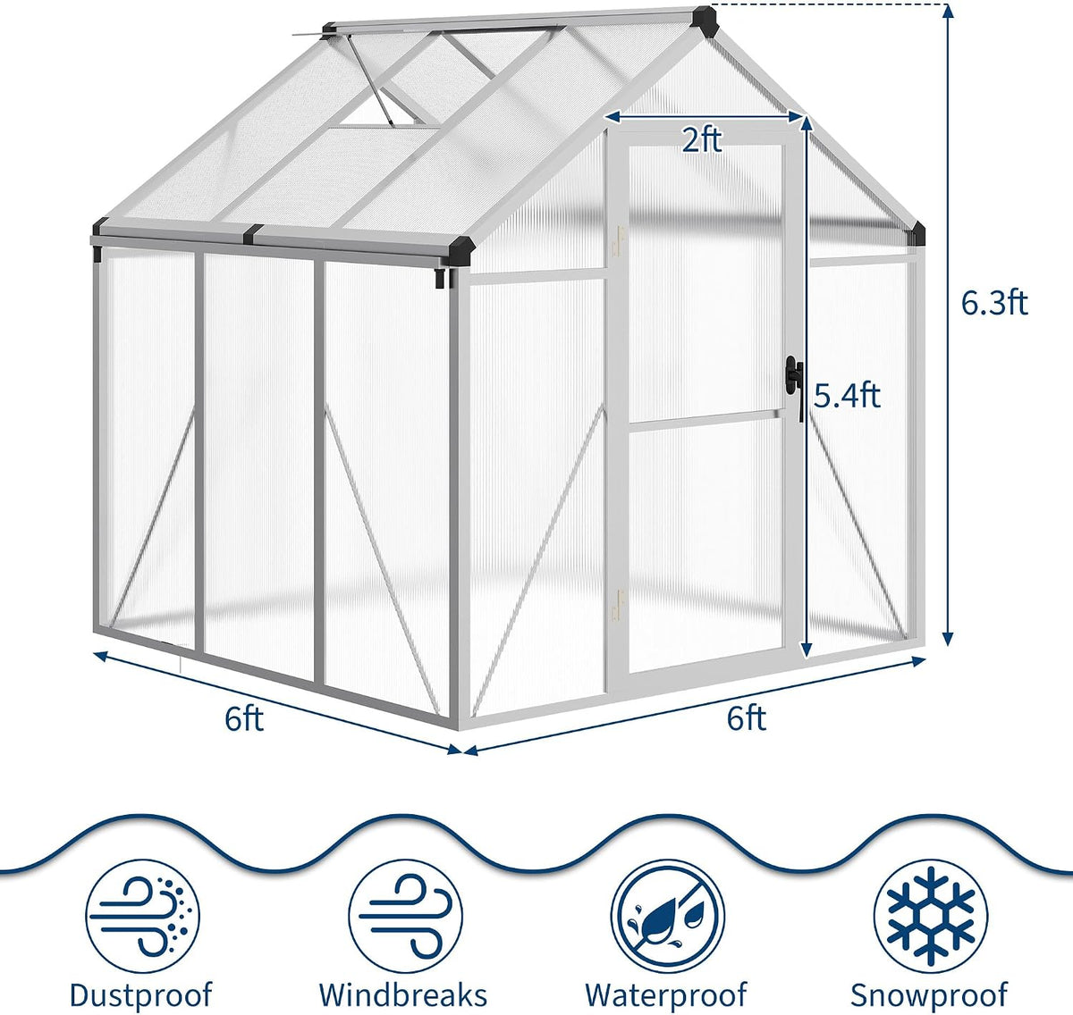 6x6 ft Walk-in Greenhouse, Polycarbonate Panels with Reinforced Aluminum Frame, Large Garden Green House for Planting