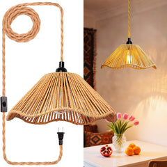 Hanging Lights with Plug in Cord Rattan Hanging Lamp Boho Ceiling Light Fixtures Farmhouse Pendant Lamp Shape Bedroom