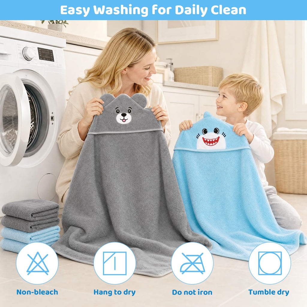 6 PCS Baby Bath Towels Set for Newborn Essentials (Shark, Bear)