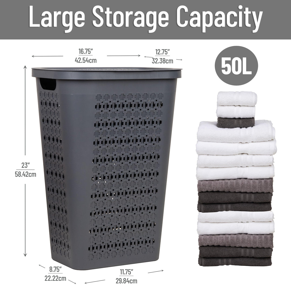 Slim Tapered Laundry Hamper with Lid, Clothes Basket with Swiss Cross Cut-Outs, Lightweight & Ventilated, Plastic