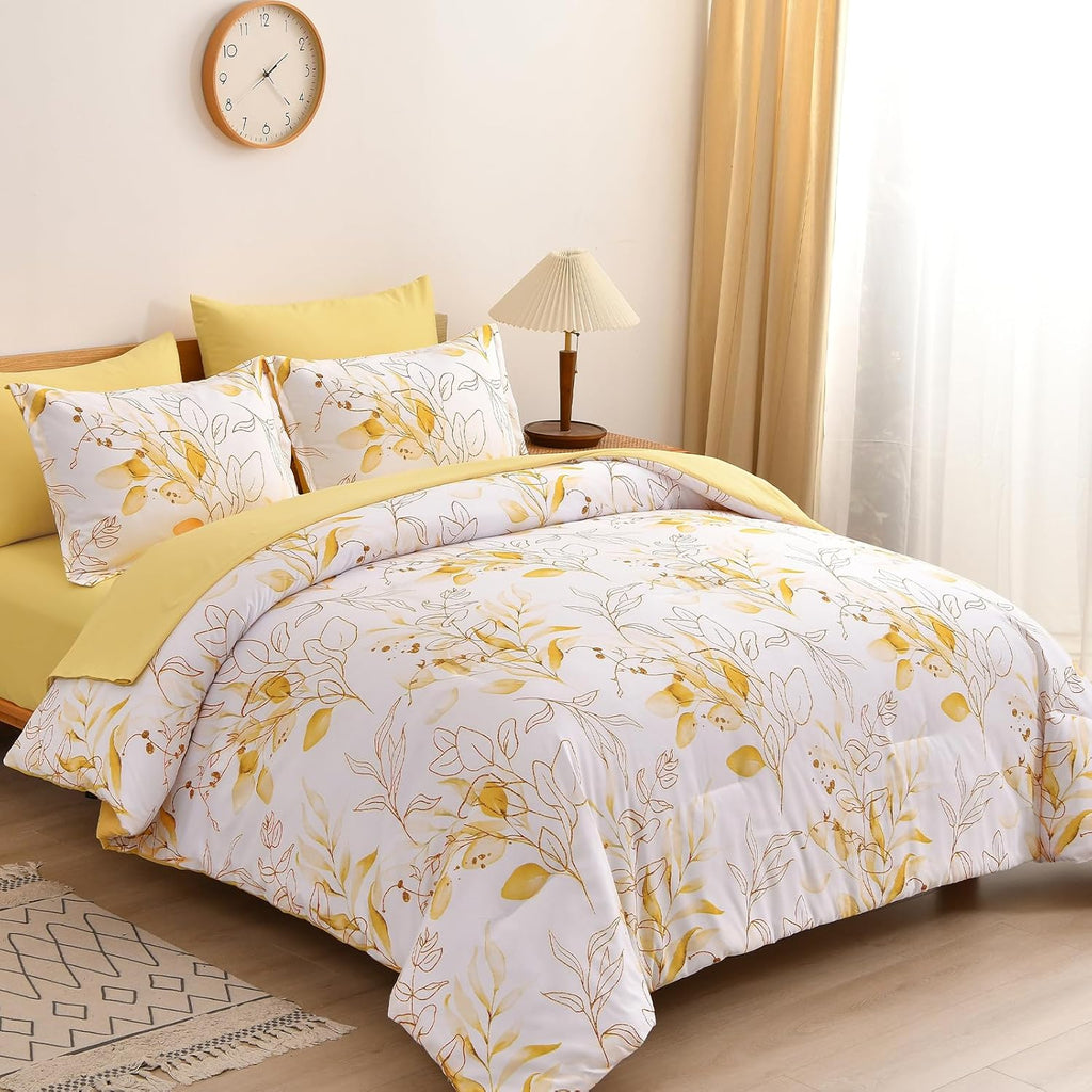 Yellow Botanical Comforter Set Queen, 7 Pieces Floral Bed in a Bag with Golden Leaves
