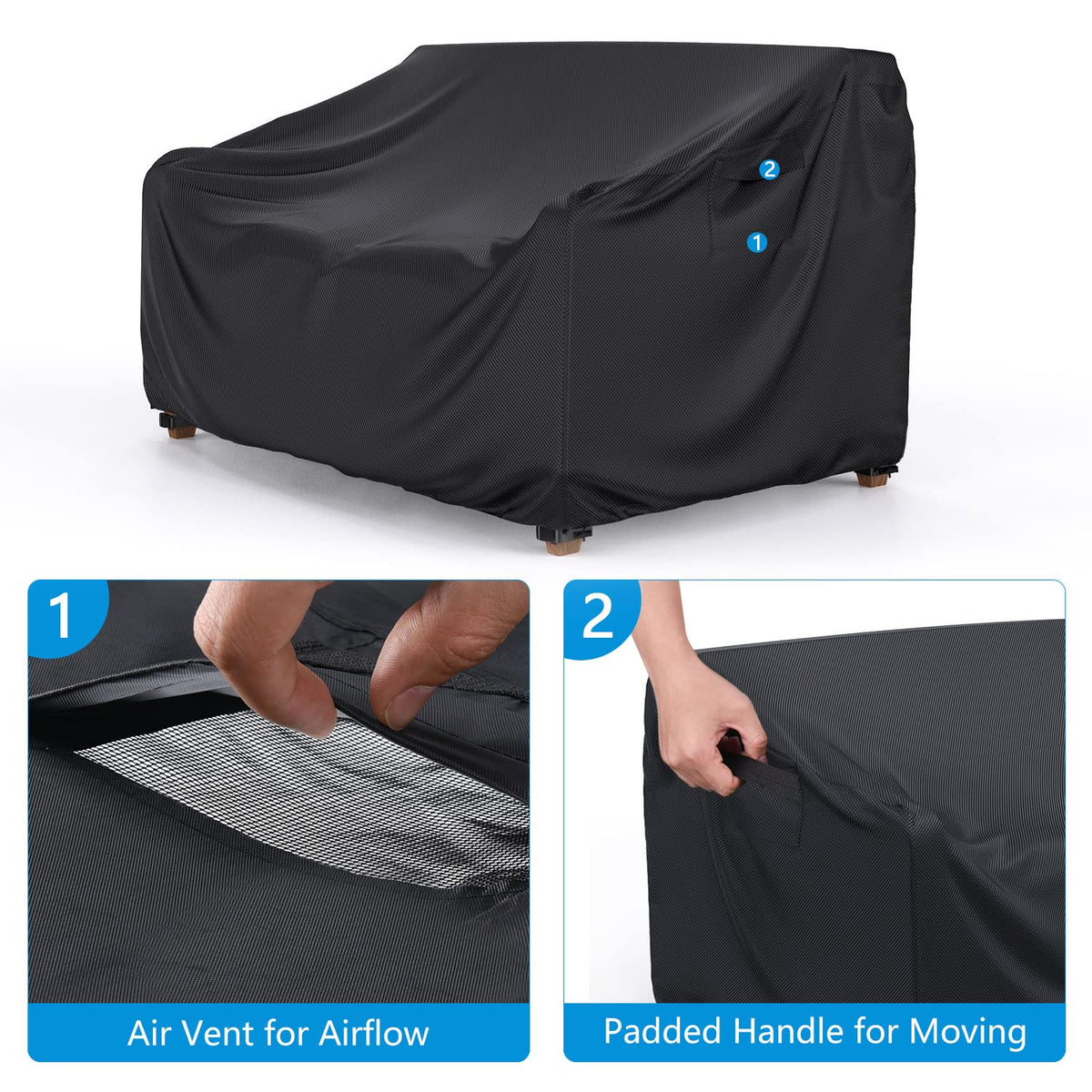 2-Seater Outdoor Patio Sofa Cover Waterproof 60"W×34"D×30"H Black