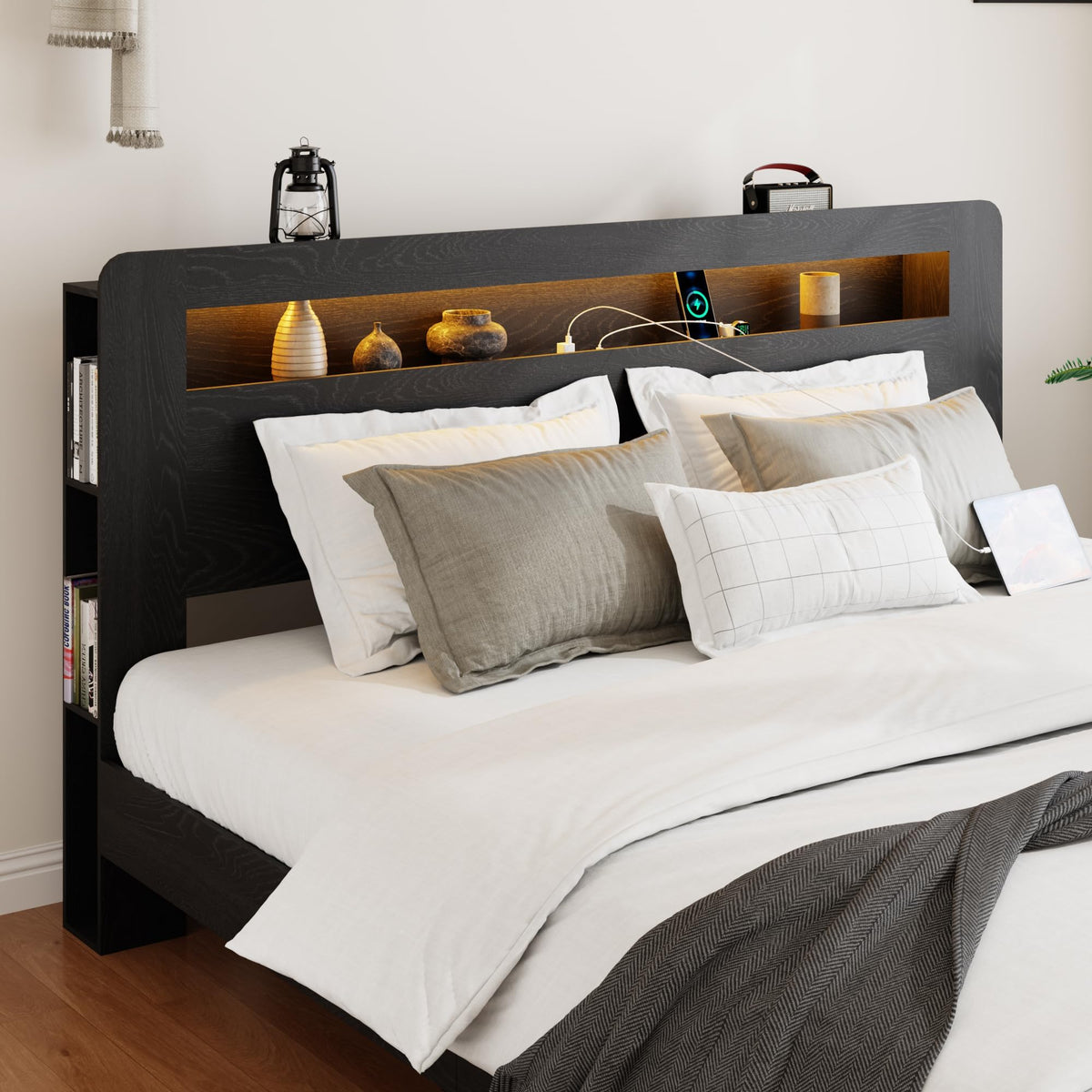 Wooden Bed Frame with Storage Headboard Farmhouse Bed Frame