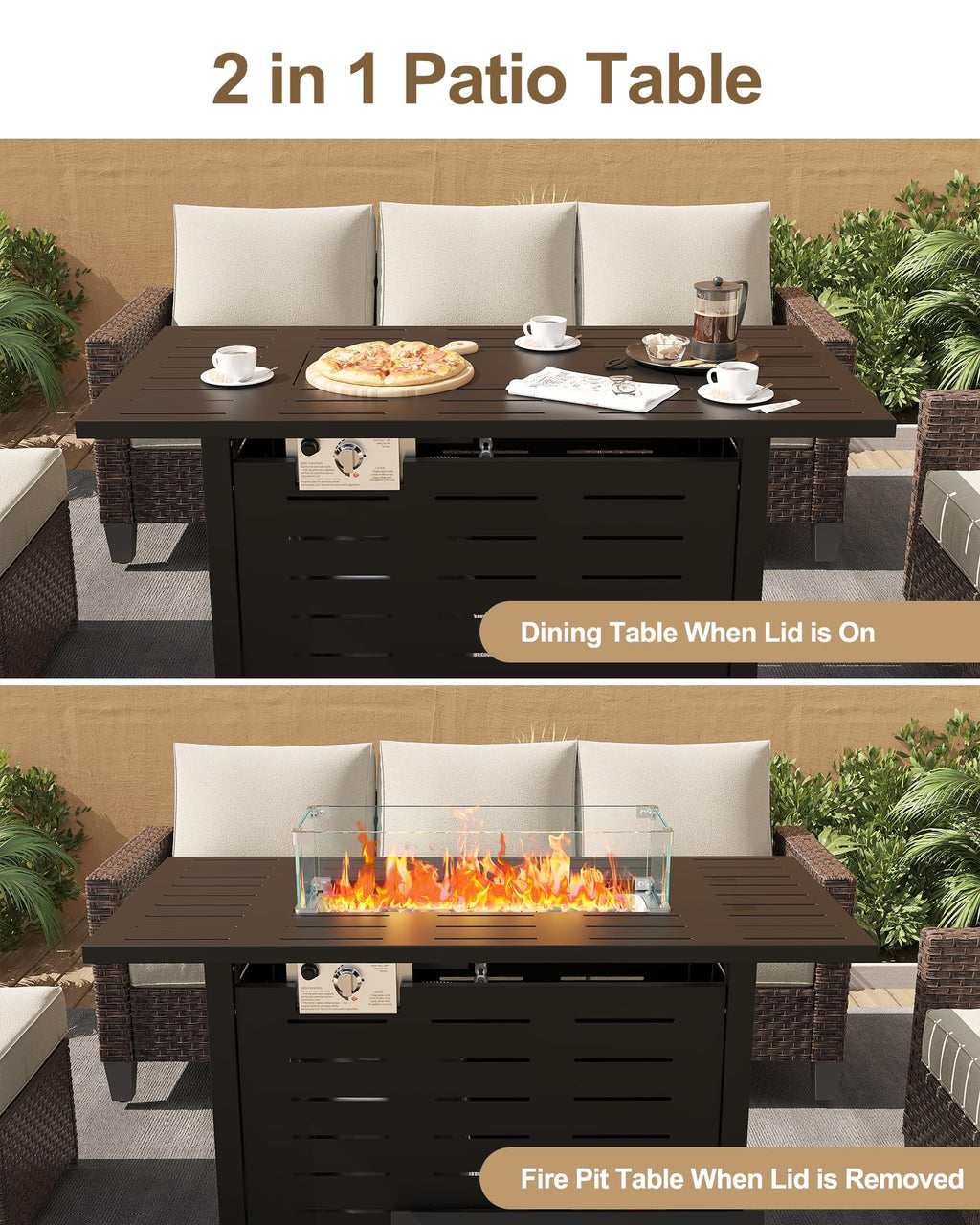 44" Outdoor Propane Fire Pit Table, 48, 000 Btu Lp Gas Rectangular Fire Table with Ignition Systems and Lid, Outdoor
