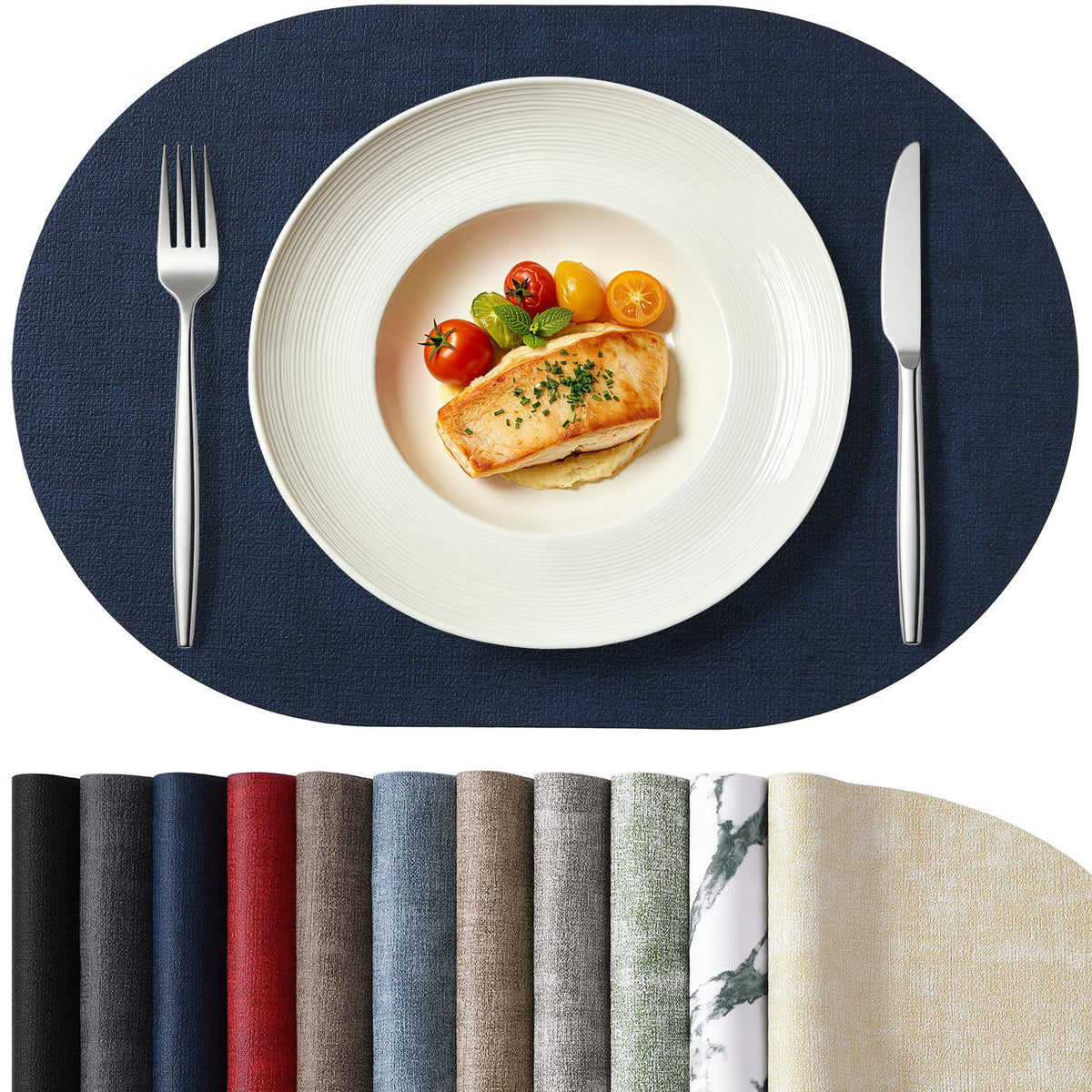 Oval Faux Leather Placemats Set of 4, Easy to Clean, Navy Blue