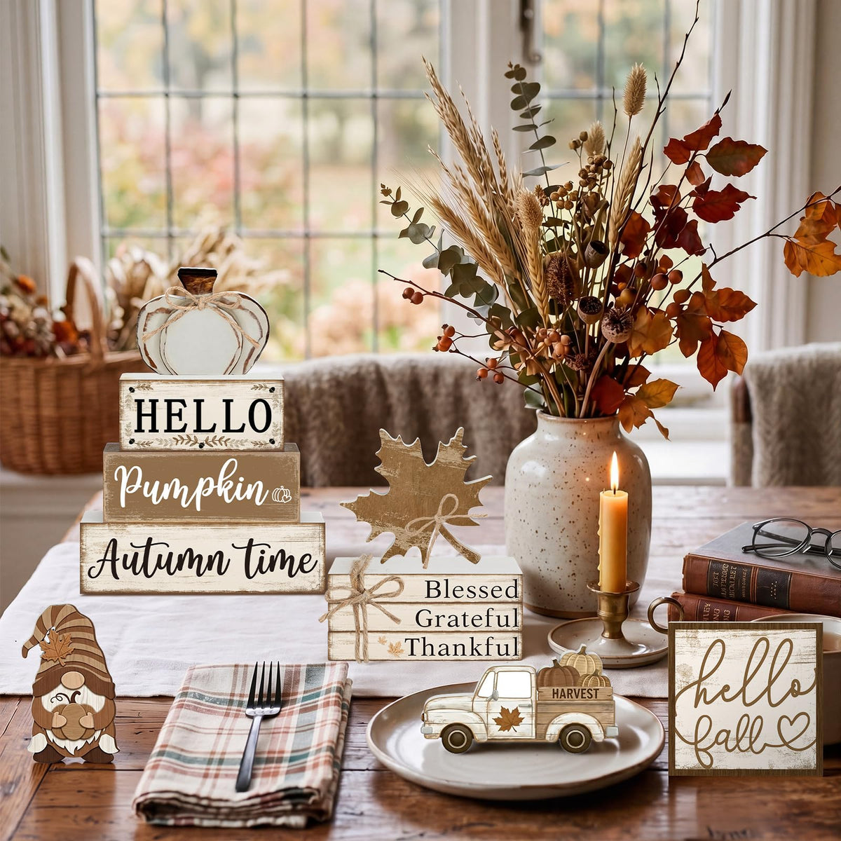 11 Pcs Fall Decorations Set Vintage Pumpkin Maple Leaf Gnome Signs