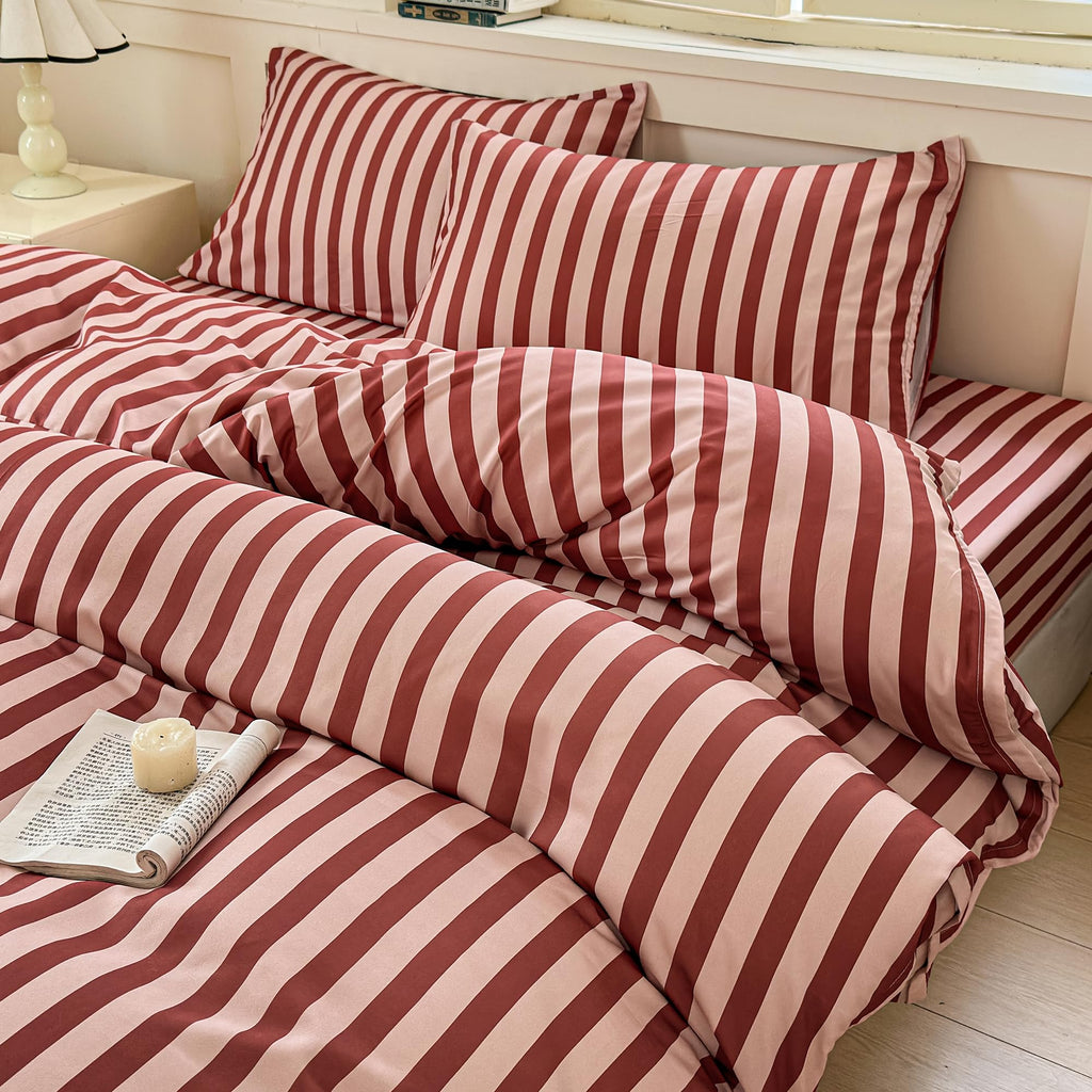 Dark Red Striped Duvet Cover Set