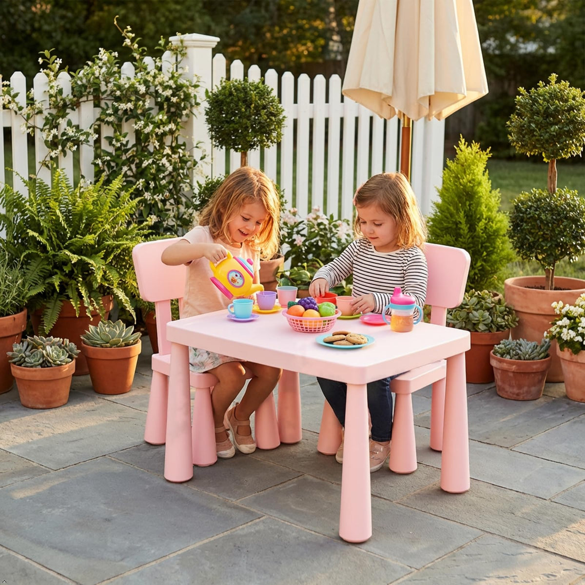 Kids Table and Chairs, 3 PCS Plastic Toddler Table Set (Pink)