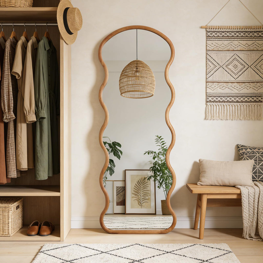 24"x65" Full Length Wood Arched Mirror, Natural Wood Boho Accent Mirror with Wavy Design, Decorative Floor or Wall