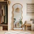 24"x65" Full Length Wood Arched Mirror, Natural Wood Boho Accent Mirror with Wavy Design, Decorative Floor or Wall