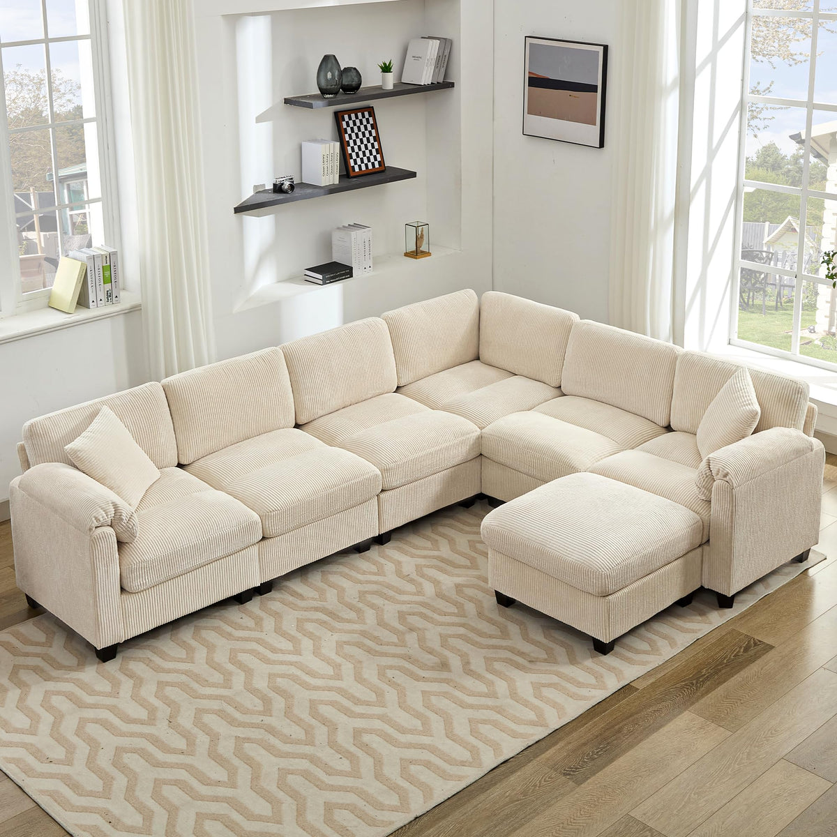 Corduroy Modular Sectional Sofa Couch (Beige, 113 Inch 7-Seater)