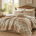 Bohemian Bedspread Set - Floral Paisley Garden Party Reversible Coverlet - Bright Vibrant Multi-Colorful Blue Salmon