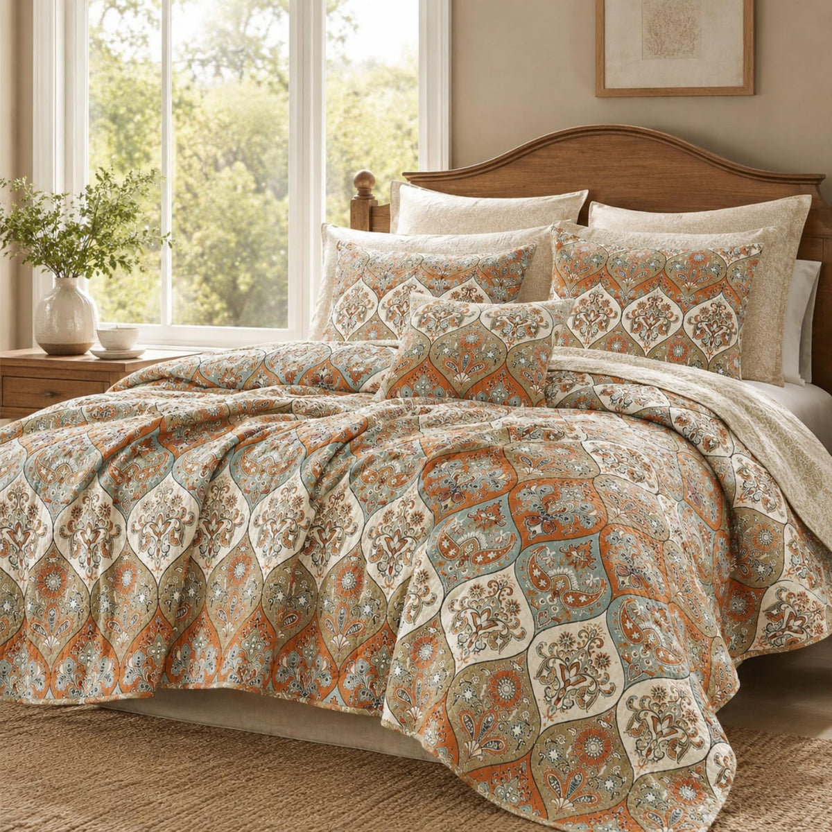 Bohemian Bedspread Set - Floral Paisley Garden Party Reversible Coverlet - Bright Vibrant Multi-Colorful Blue Salmon