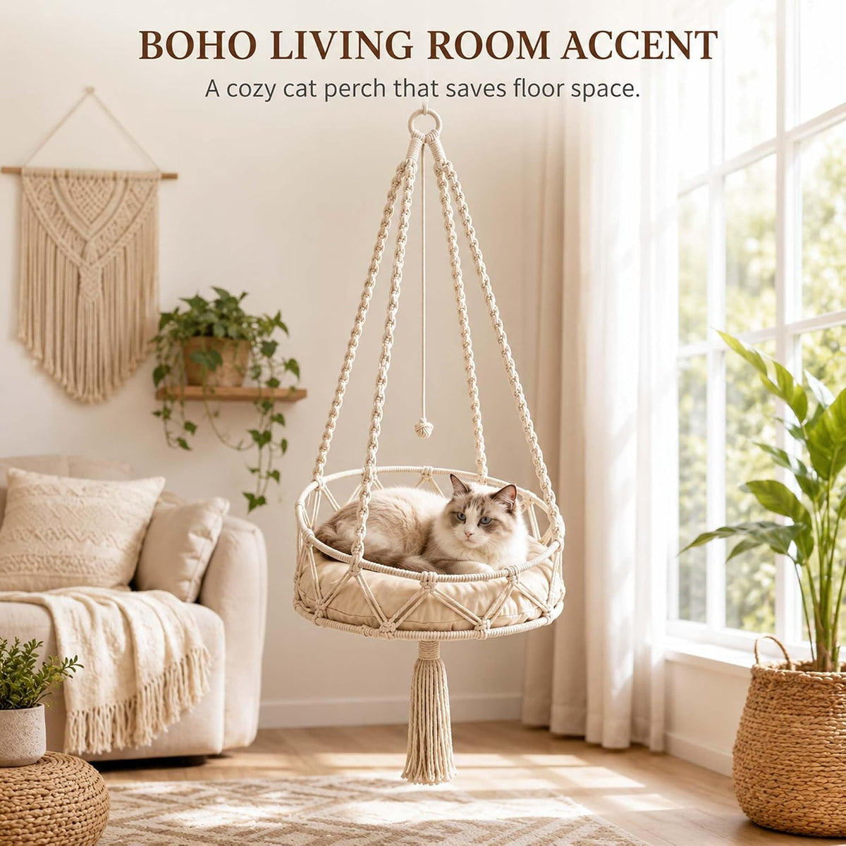 Boho Hanging Cat Bed, Macrame Cat Hammock with Removable Plush Cushion.
