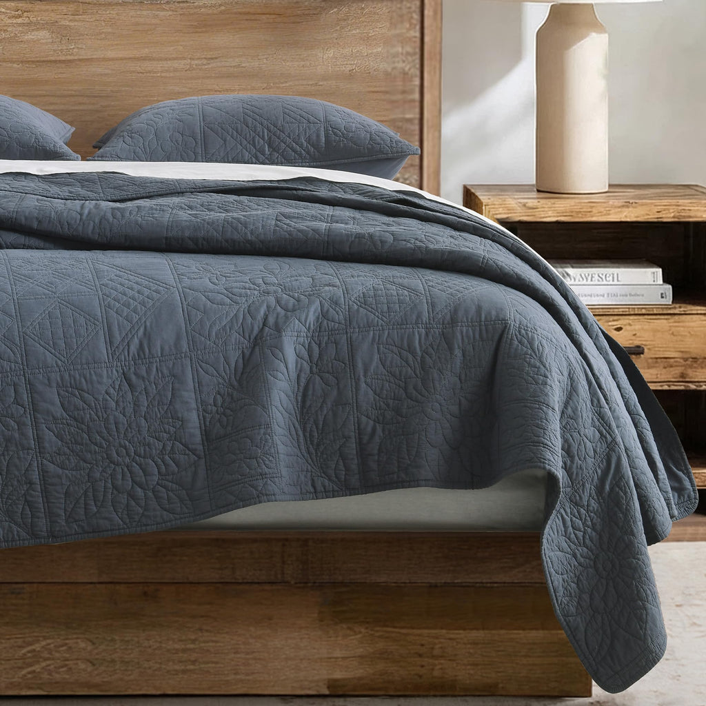 100% Cotton Quilt Patchwork, Steel Blue Farmhouse Cotton Bedspread Coverlet, Pre-Washed Soft Breathable