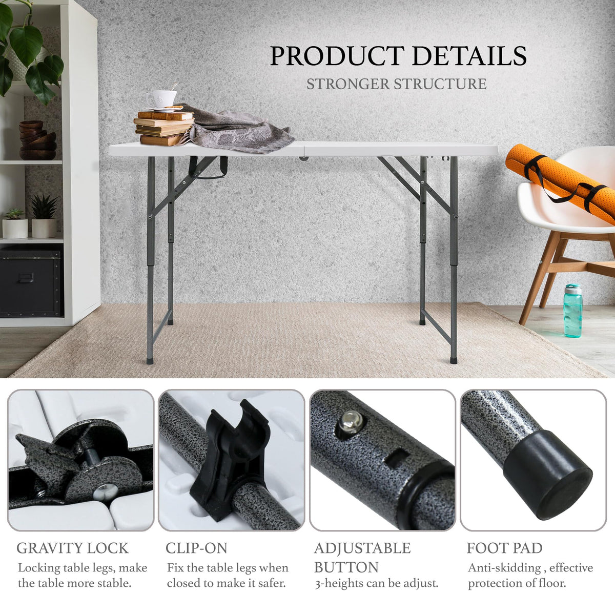 4 Foot Portable Plastic Folding Table 4FT 48" Half Foldable Heavy Duty Top w/Carry Handle - Indoor Outdoor Backyard