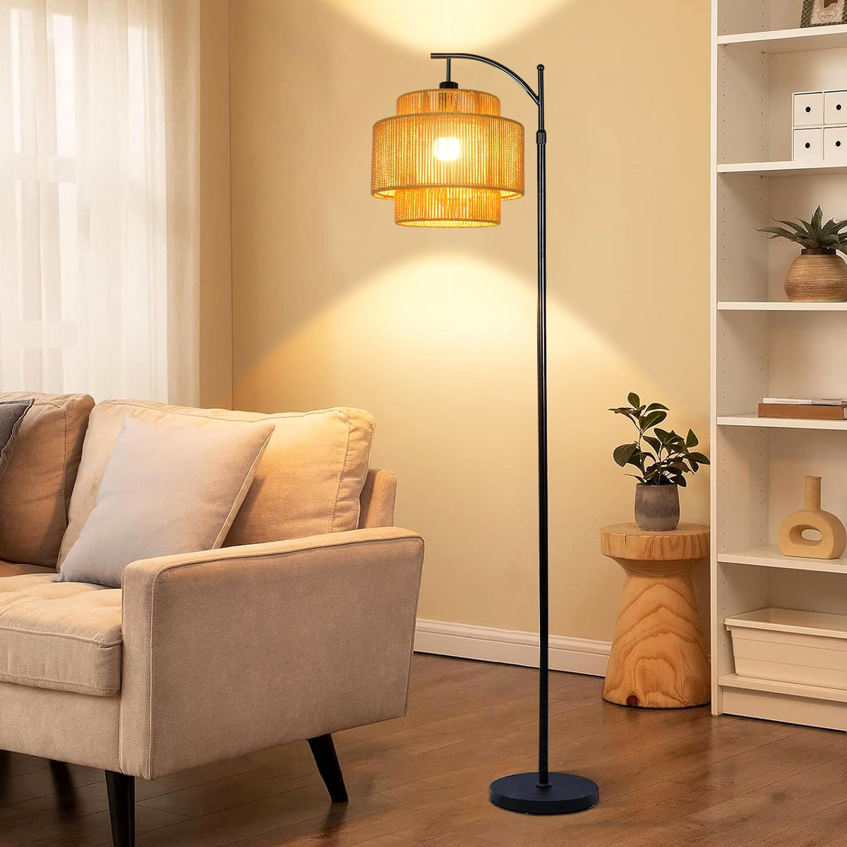 Rattan Floor Lamp Bedroom Boho Arc Standing Lamp with Remote Dimmable Black Farmhouse Wicker Bamboo Lamp Shade Floor