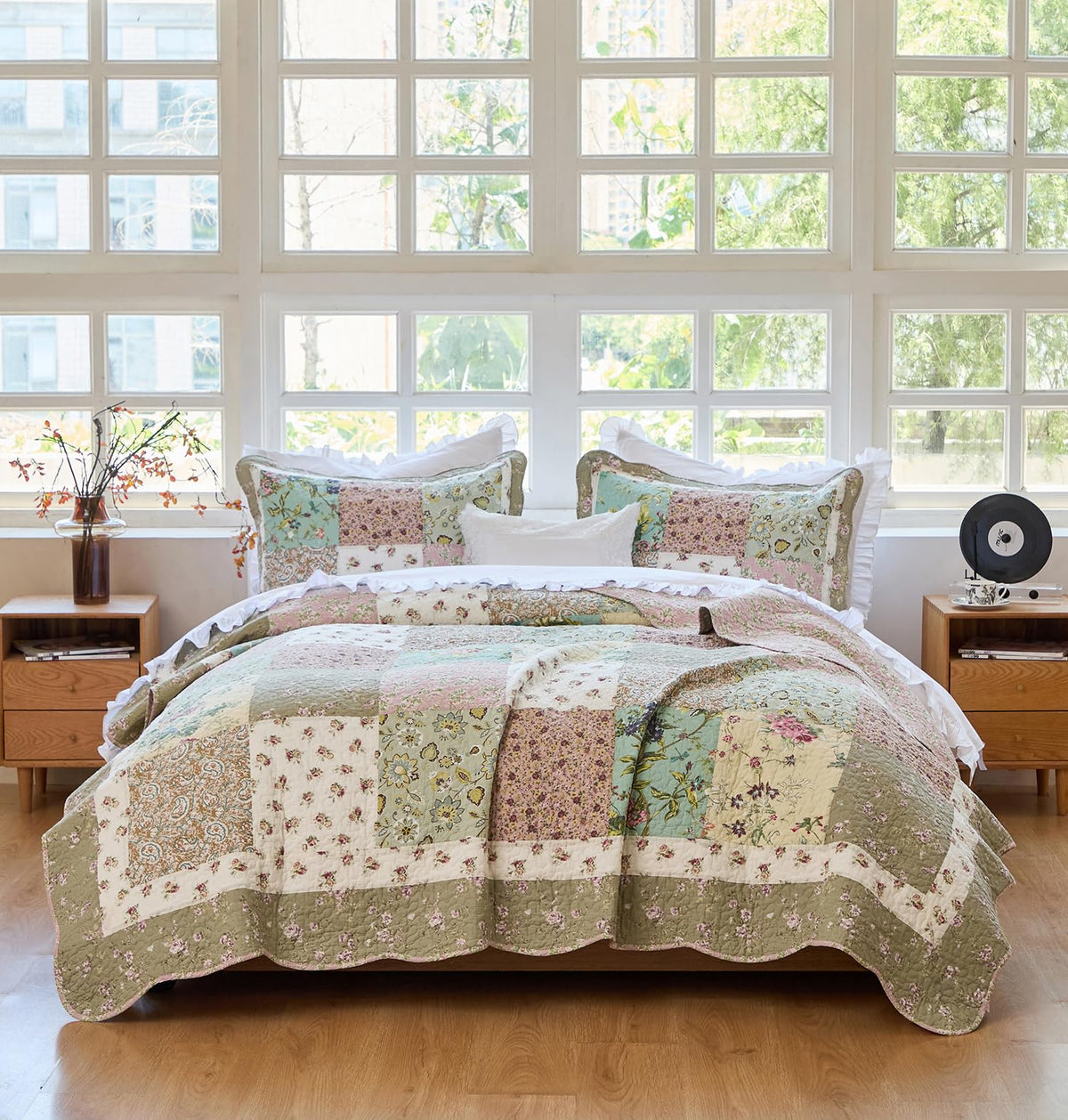 Green Patchwork Quilts Cotton Vintage Coverlet 3PC