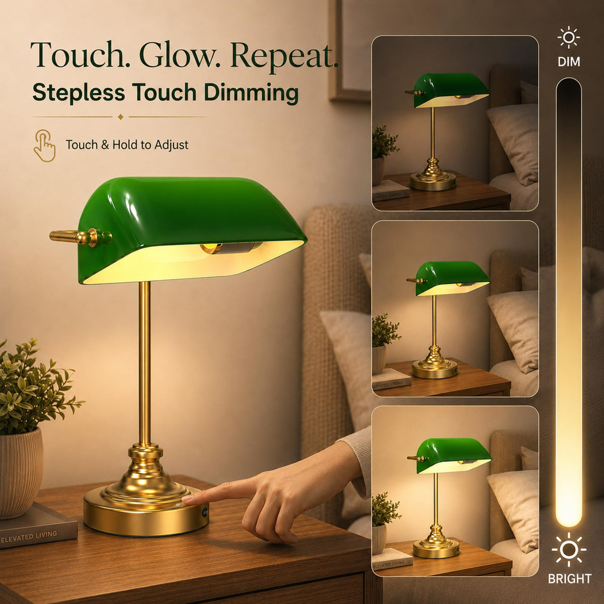 Cordless Bankers Lamp Rechargeable Green Glass Desk Lamp