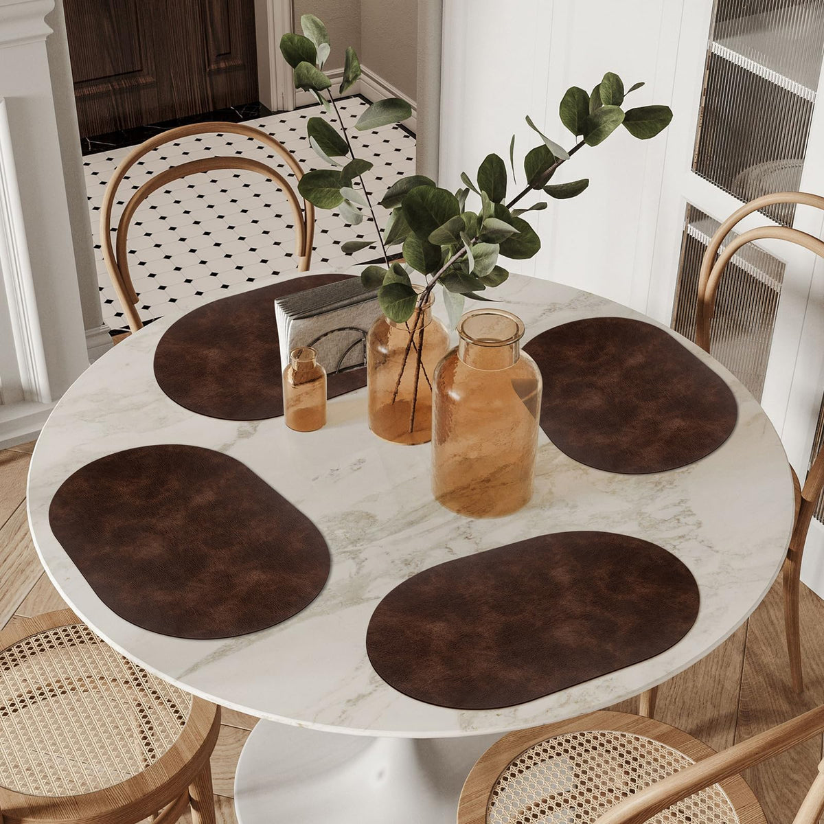 Oval Placemats Set of 12, Wipeable Faux Leather, Coffee