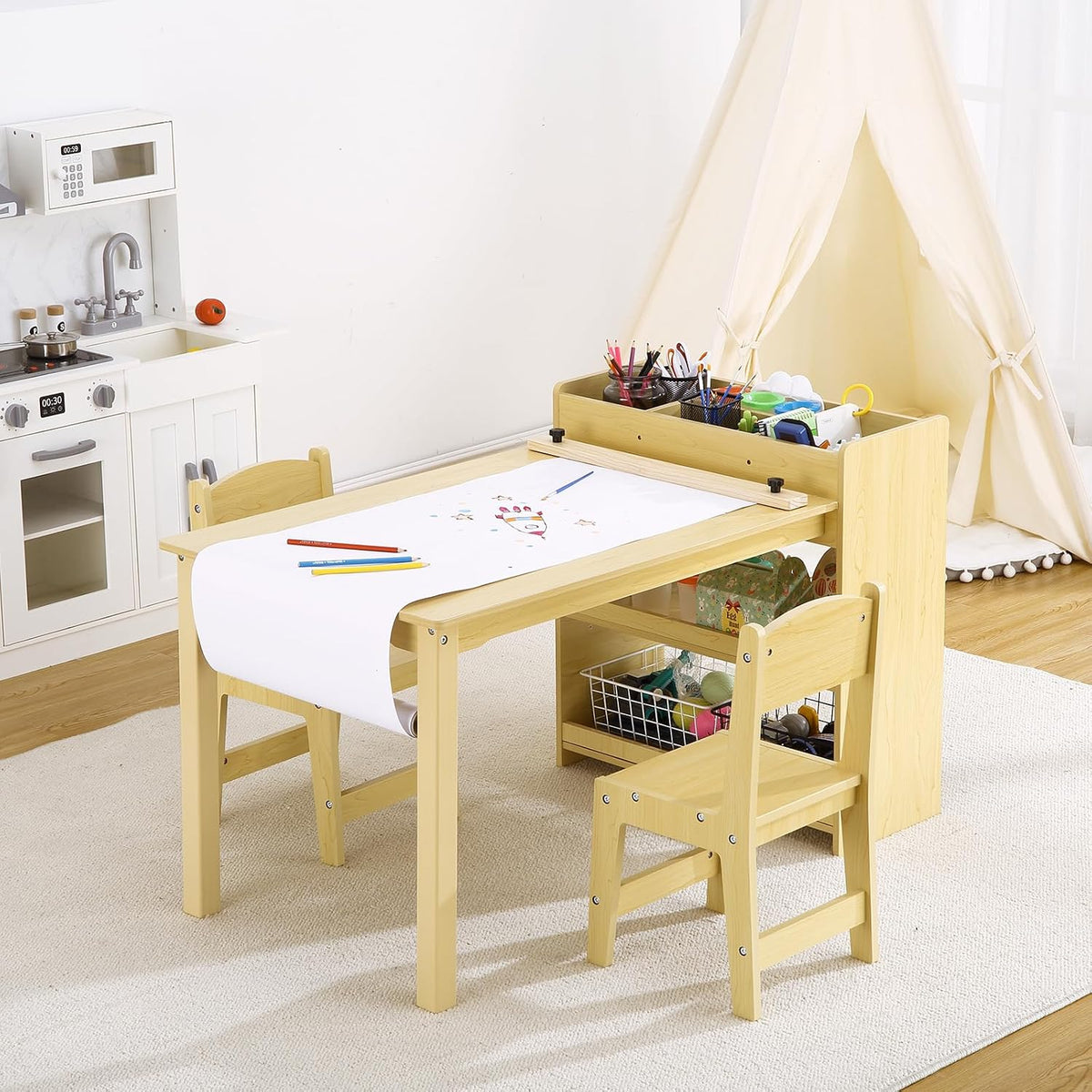 Kids Art Table with 2 Chairs Set, Toddler Craft Desk with Storage Shelves, Drawing Table with Paper Roller Yellow