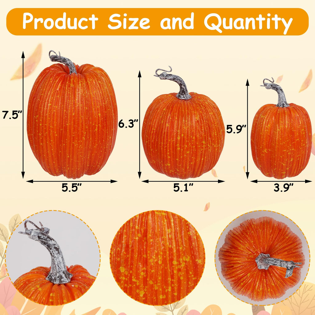 Artificial Pumpkins Fall Decor Orange Foam Pumpkin, 3 Pack