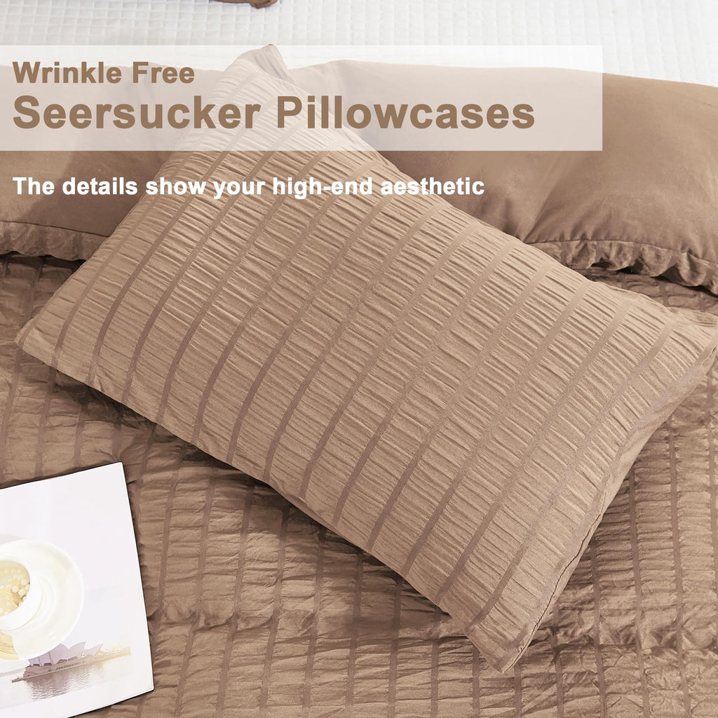 Taupe Duvet Cover (104 x 90 inches), 3 Pieces (1 Duvet Cover, 2 Pillow Cases), Seersucker Striped Soft Washed