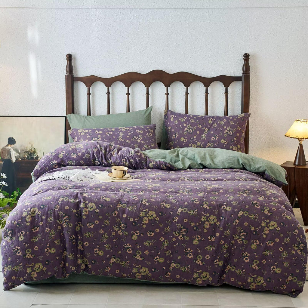 Vintage Purple Green Floral Duvet Cover Set Queen Comforter Cover Yarn-Dyed Jacquard Textured 100% Cotton Muslin