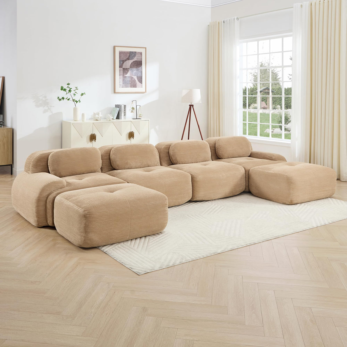 152.7 Inch U-Shaped Modular Sectional Sofa, 4-Seater Boneless Couch, Camel