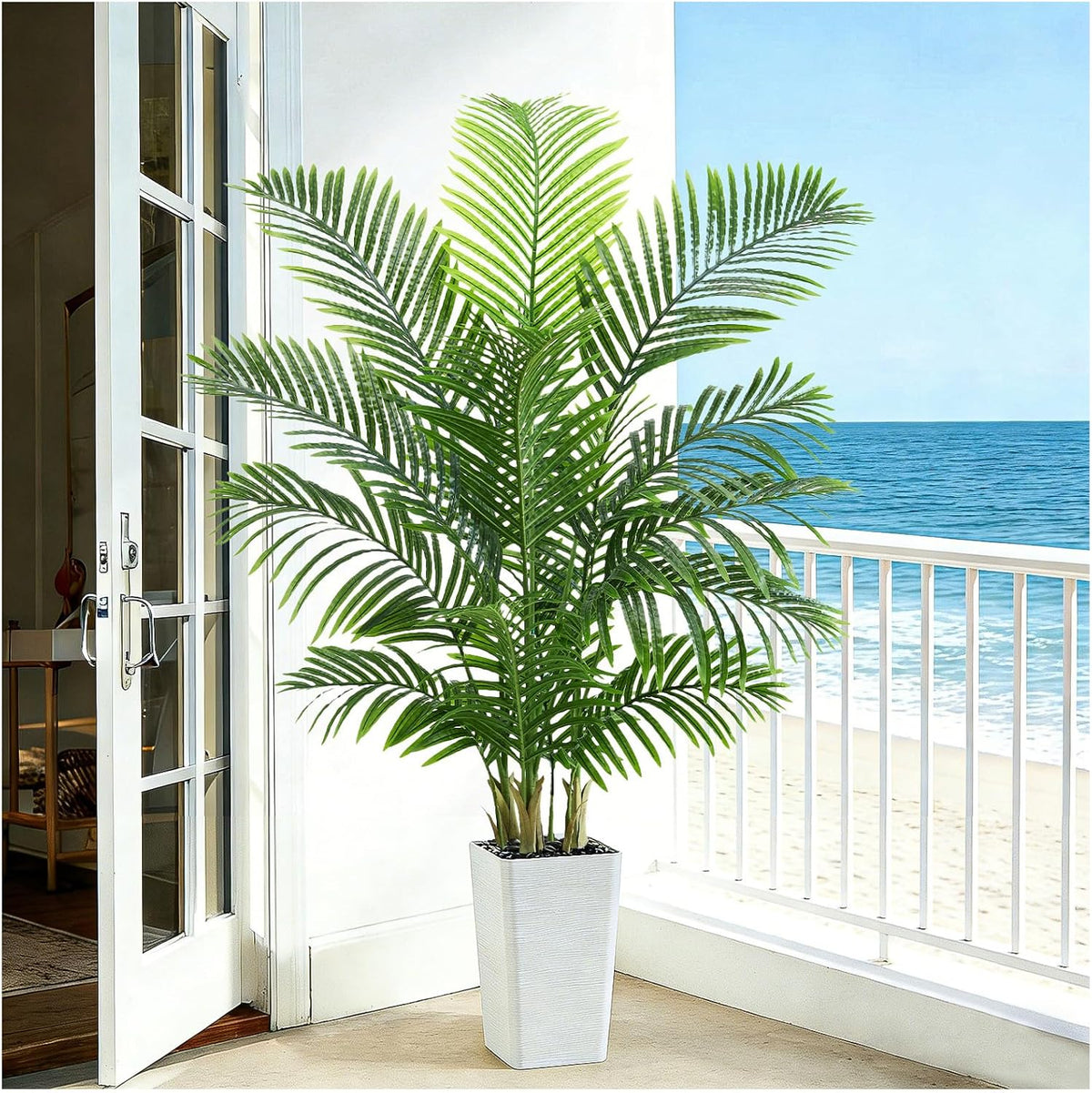 Artificial Palm Tree 5FT - Tall Fake Tree with White Taper Planter & Pebbles, UV Resistant, Large Potted Faux Plant