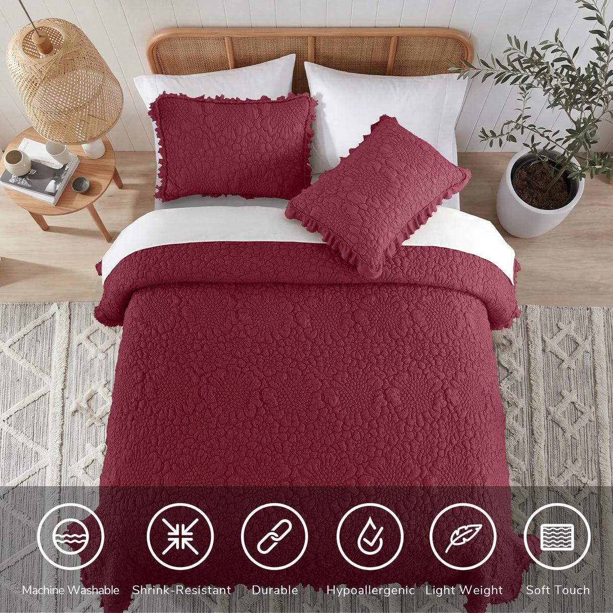 Shabby Chic Quilt Set, Burgundy, 68x86 inches