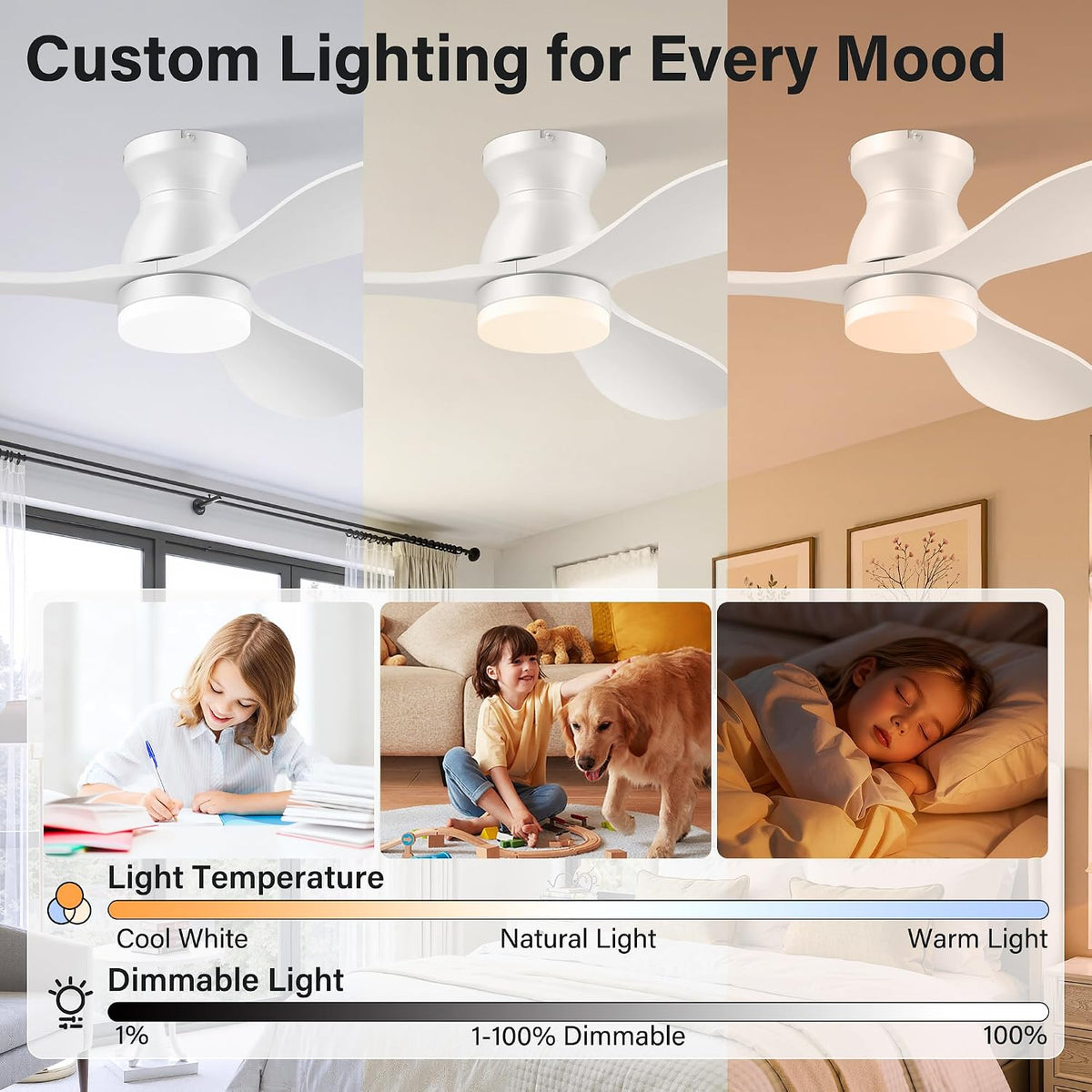 42" White Smart Flush Mount Ceiling Fan with Light & Remote