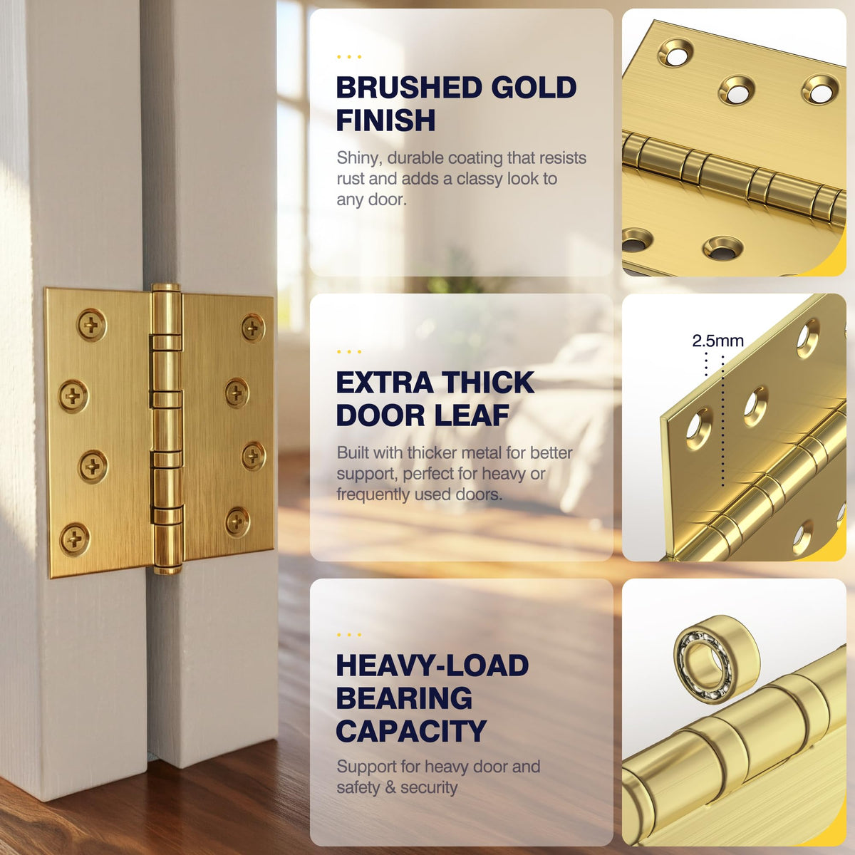 Ball Bearing Door Hinges, 4 x 4 Inches, Brushed Gold, 3 Pack