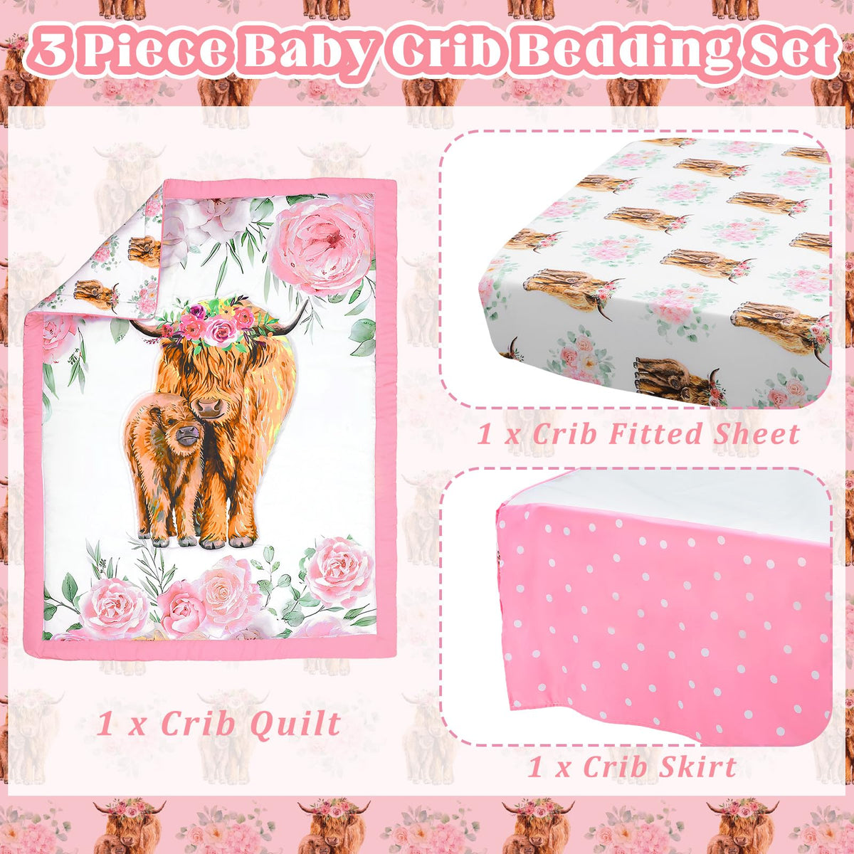 3 Pcs Highland Cow Baby Girl Crib Bedding Set Soft & Thick