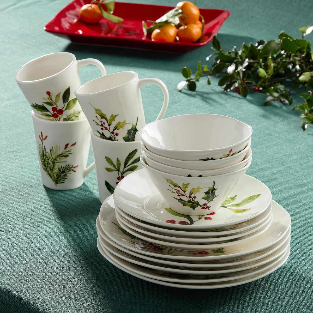 Holly and Vines Christmas Dinnerware Set - Piece Stoneware Service for 4 with Artist-Designed Holiday Plates, Mugs