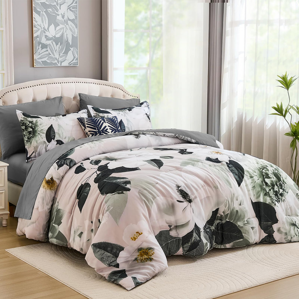 Luxury Grey Floral Comforter Set 7 Pieces