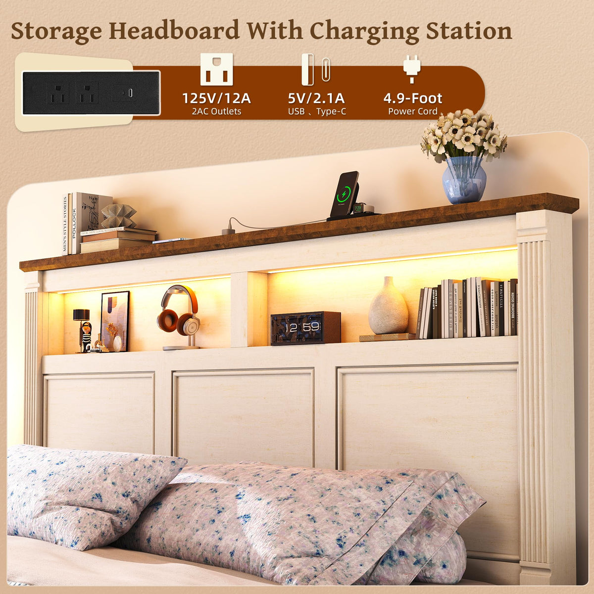 53.1" Tall Bed Frame with Farmhouse Roman Column Headboard, LED Lights, Charging Station, 2 Storage Drawers &