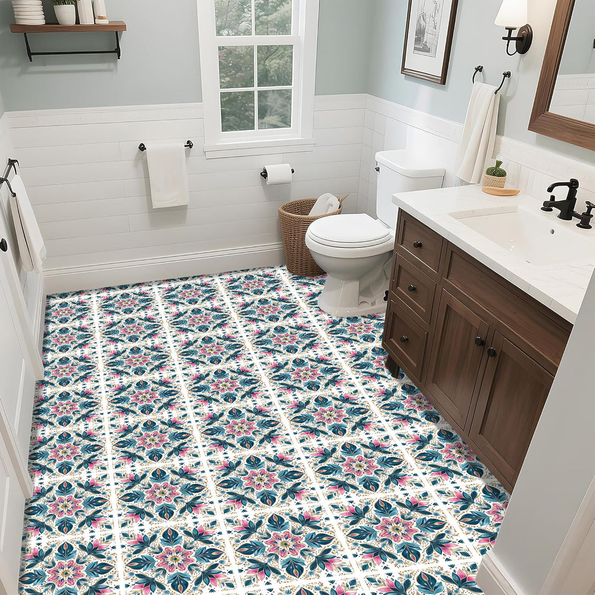 Navy Blue Pink Mandala Flowers Vintage White Peel and Stick Vinyl Floor Tiles 10-Pack 12 x 12 inch, Self Adhesive