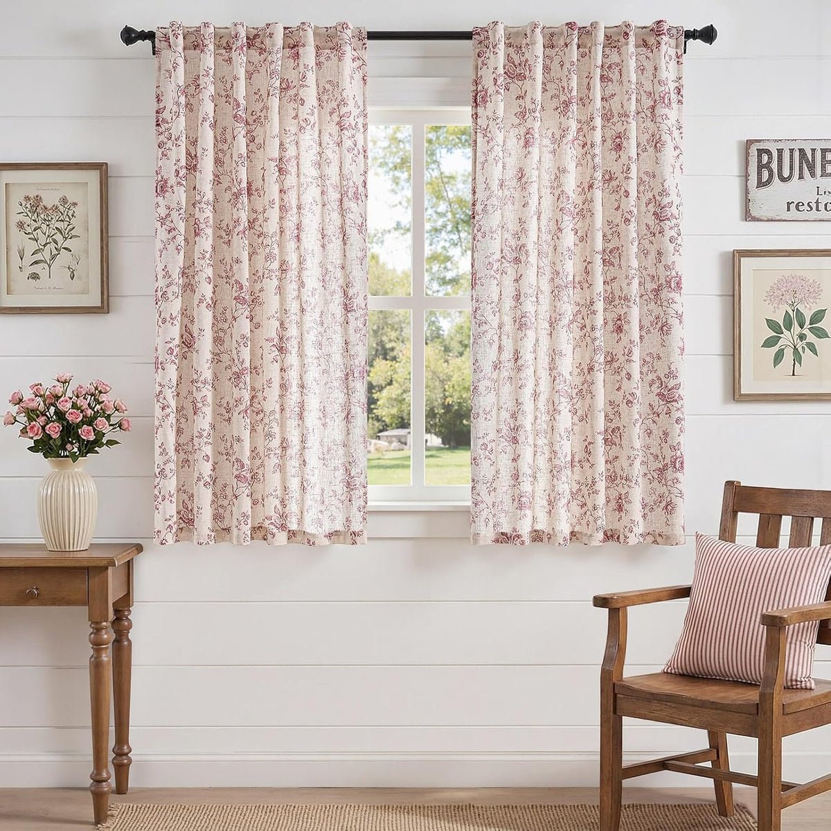 Linen Curtains 63 inch Maroon Floral Farmhouse Rod Pocket 2 Panels